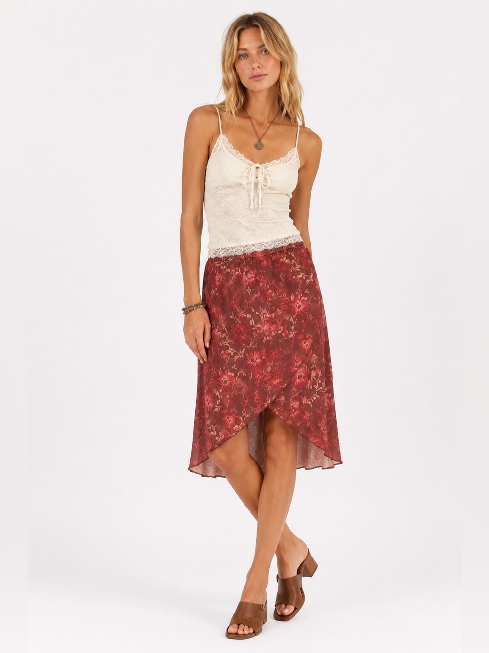 Pink & Brown Floral Midi Skirt